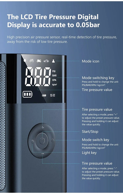 Compact High-Pressure Mini Air Compressor with Wireless Charging